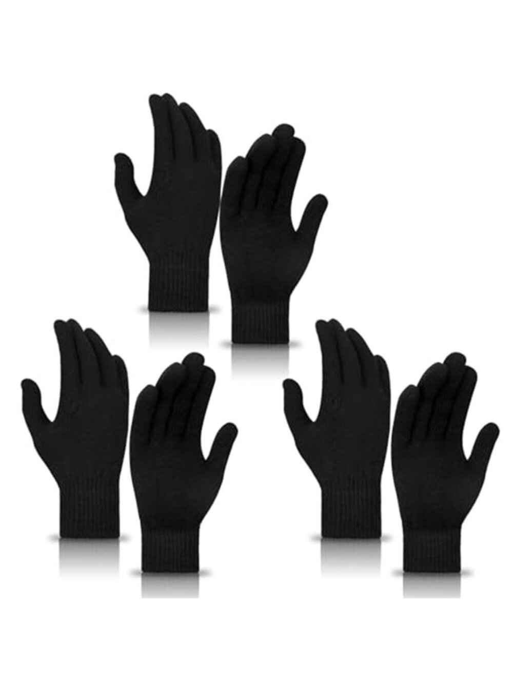 Winter Gloves 3 Pair Pack Black Knit Stretch Full Finger Warm Men Women Driving